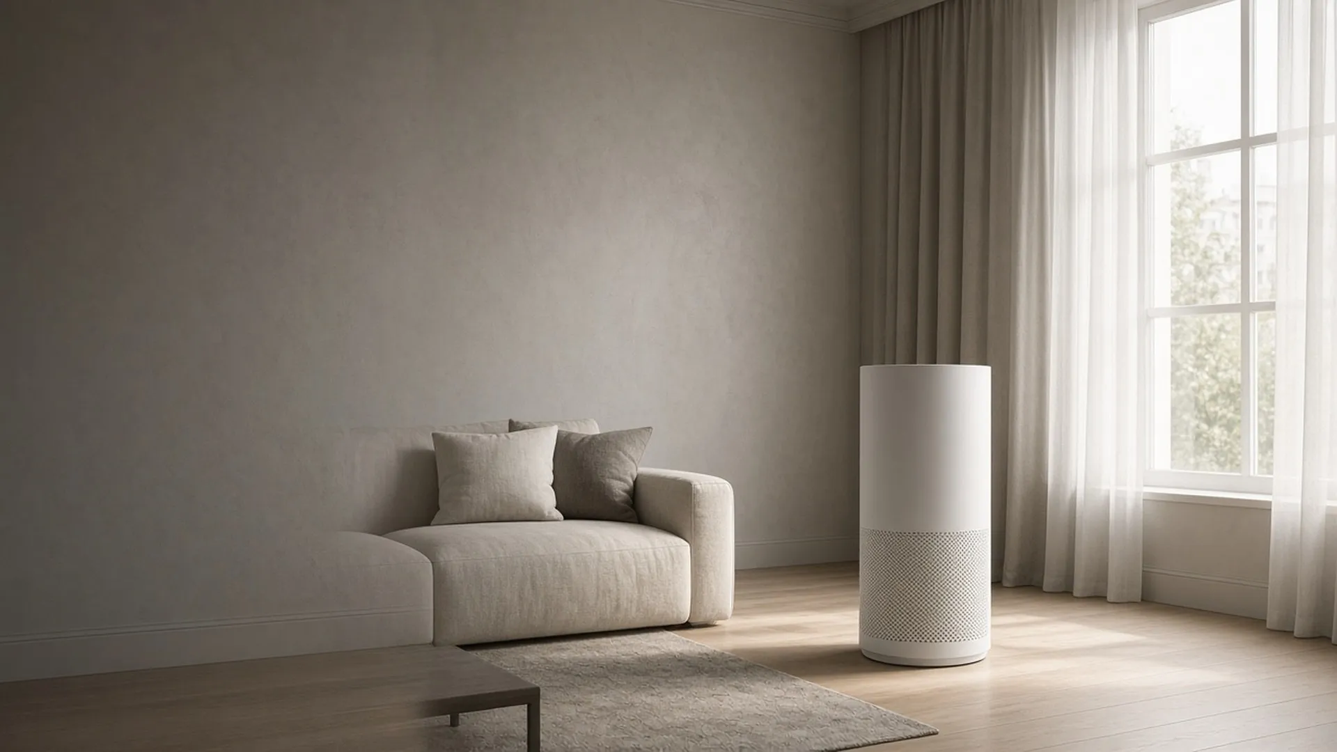 A plain air purifier in a calm, sunlit living room