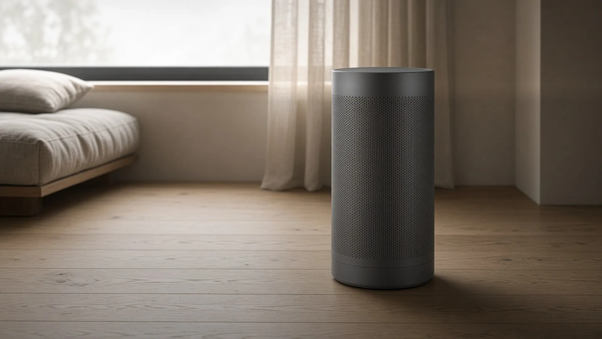 A plain air purifier in a calm, evenly lit room